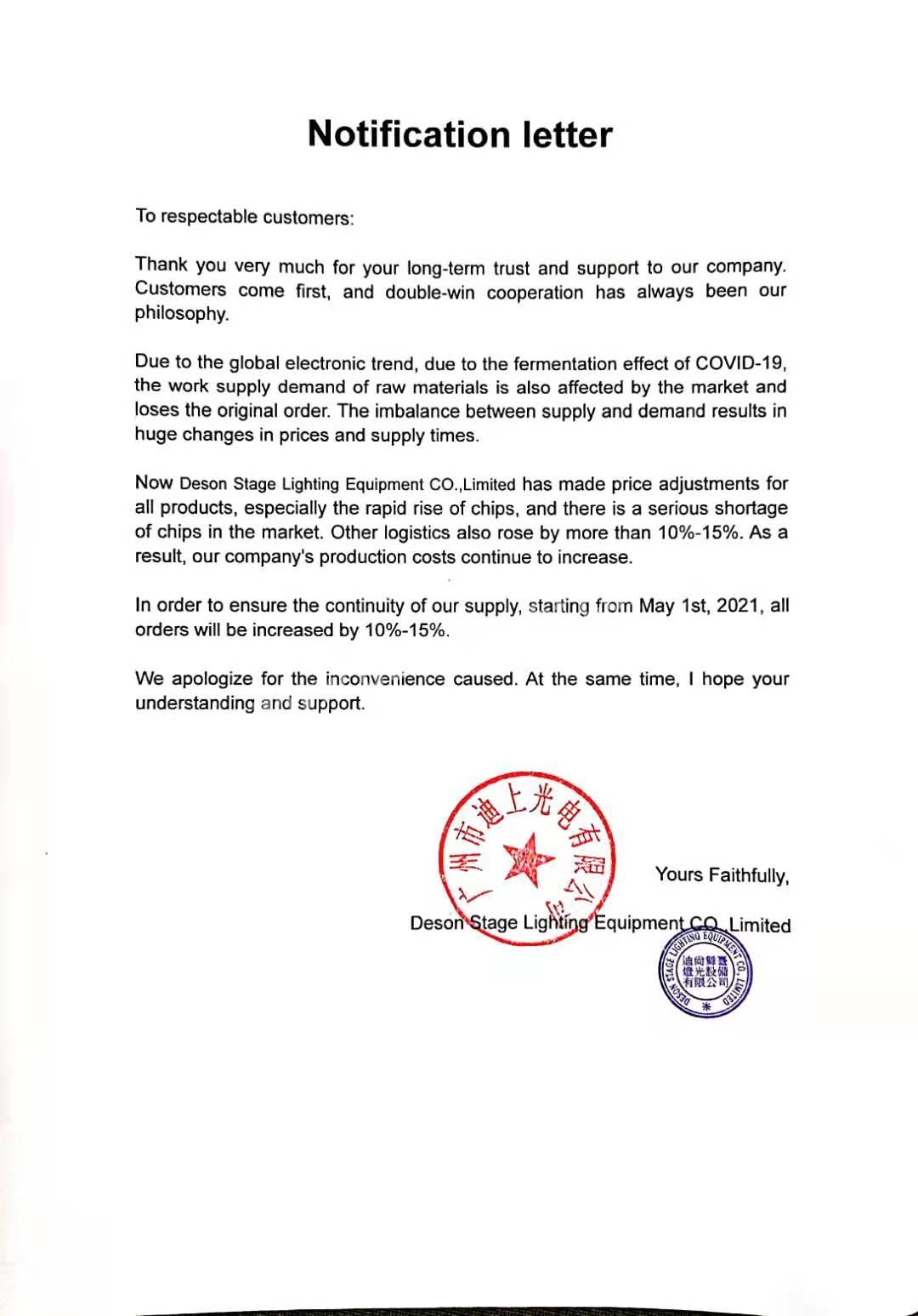 Material Increase Notification letter